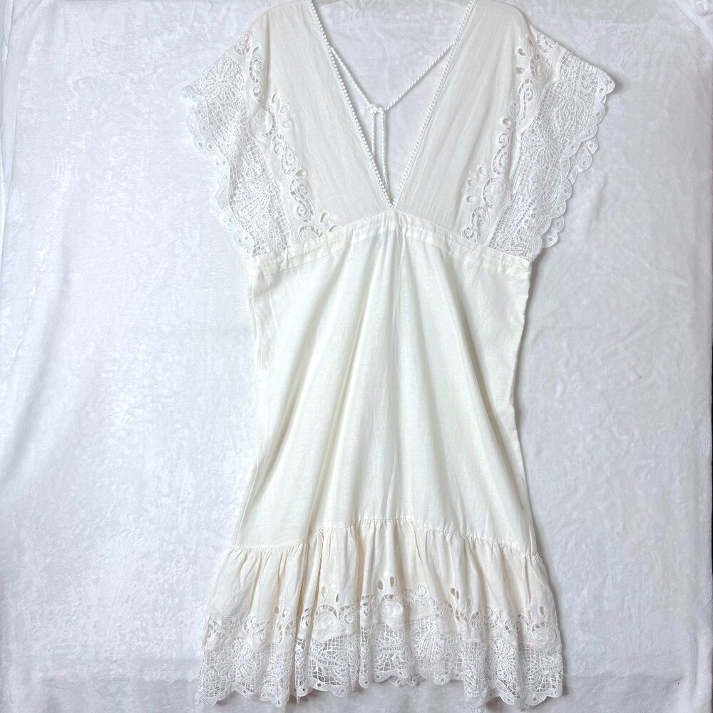 FARM RIO Linen Blend Ruffle Guipure Lace Coastal Romantic Resort Plunge Midi XL